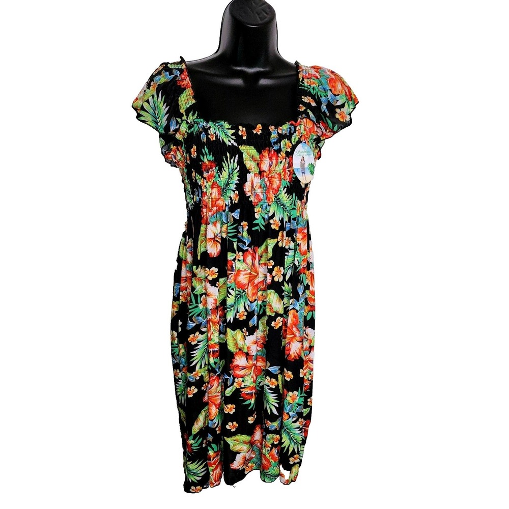 FC‎ Tropical Floral Smocked Cap Sleeve Sundress Black Orange Green M-L RN133251